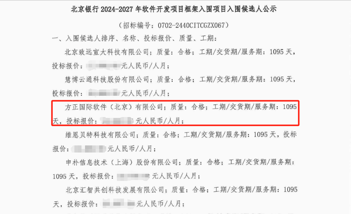 中标喜报！方正国际成功中标北京银行软件开发及技术人力框架入围采购项目